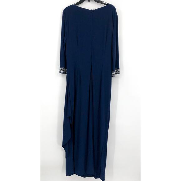 ALEX EVENINGS Round Embellished Cuff Gown Size 18 Navy Blue Keyhole Neck Ruched - Picture 6 of 13